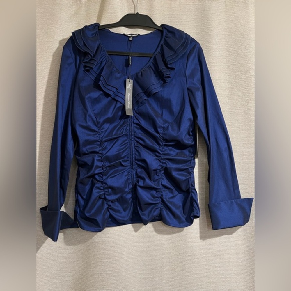Samuel‎ Dong Elegant Iridescent Blue Full Zip Blue Blouse